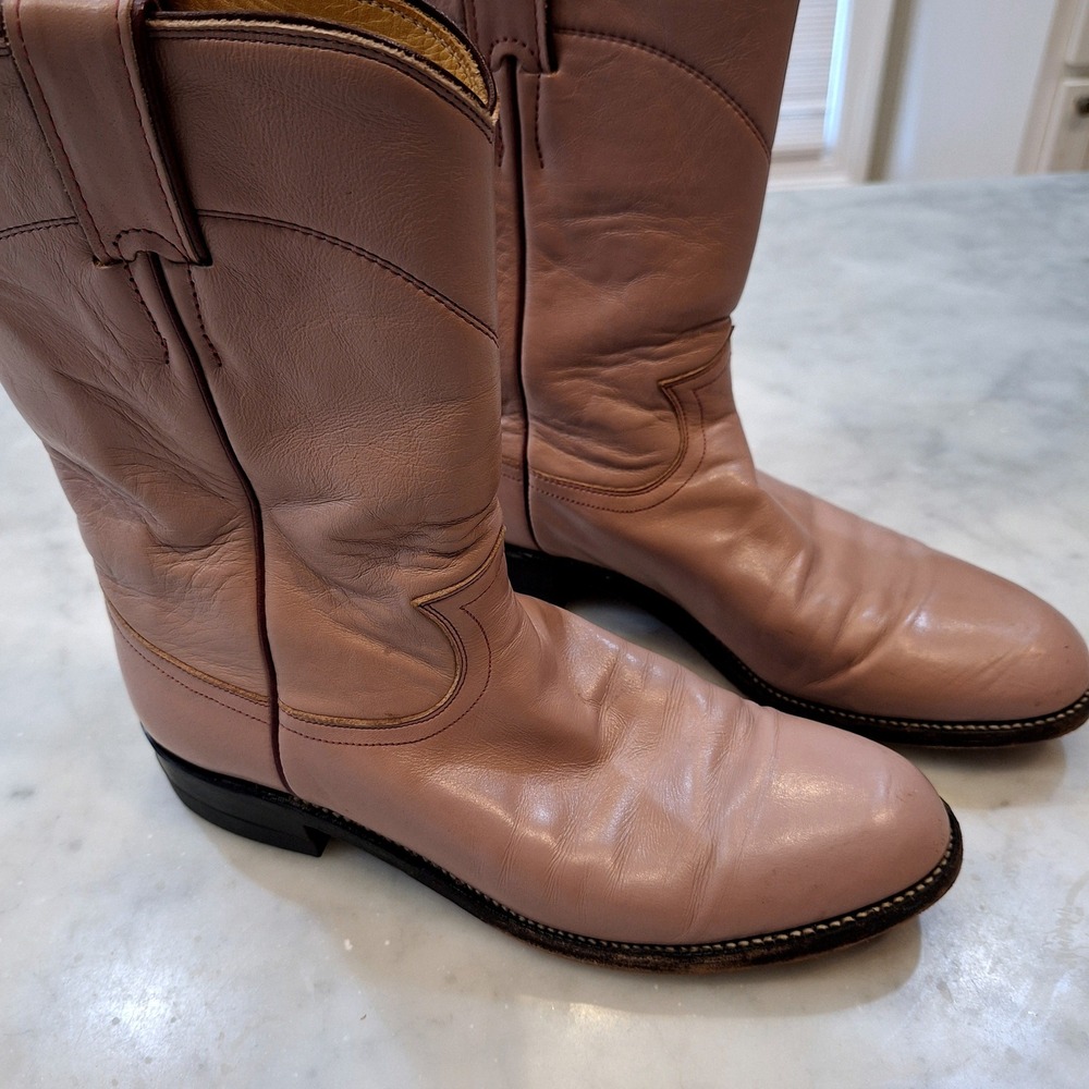 Vintage Justin Western Boots Wom 8.5 B Pale Pink Leather Roper L3065 Cowgirl USA